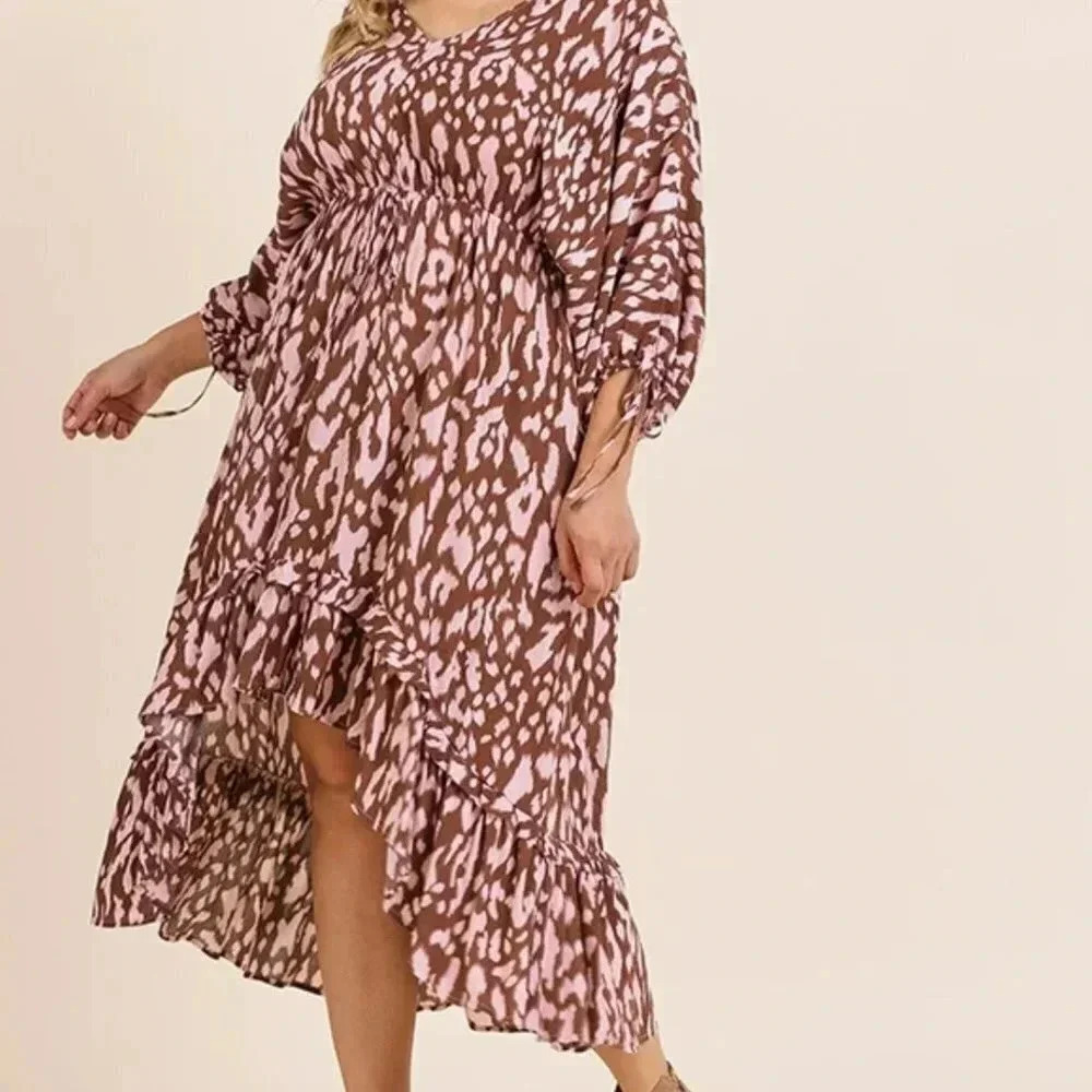 Umgee Animal Print High Low Dress Pink Brown Size Medium